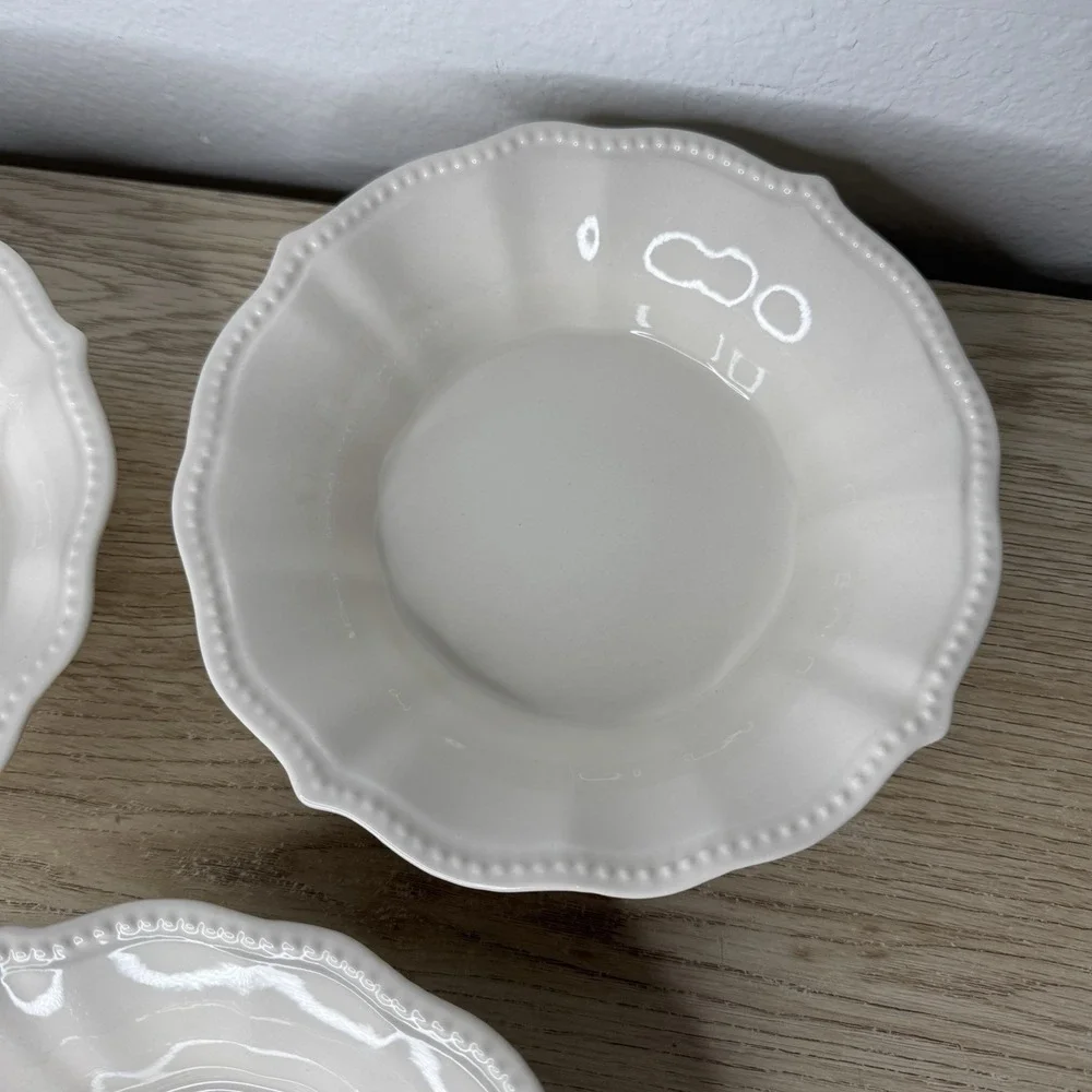 Pioneer Woman Paige Linen White Soup Pasta Bowls Set of 3‎ Beaded Scalloped